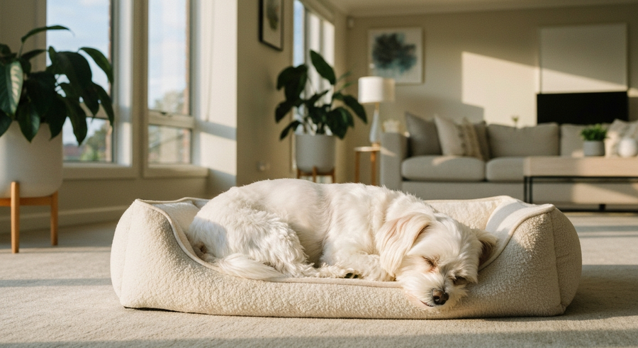 Maltese dog resting peacefully on a dog bed, calm behaviour supported by daily supplement routine