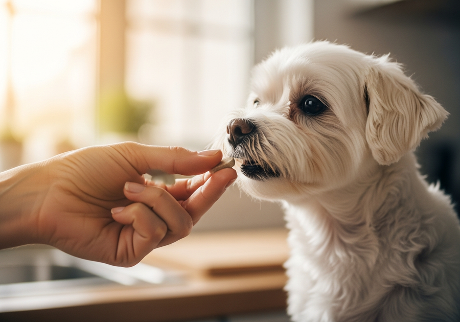 Owner offering a probiotic chew to a white Maltese dog, showing easy daily supplement routine for gut health