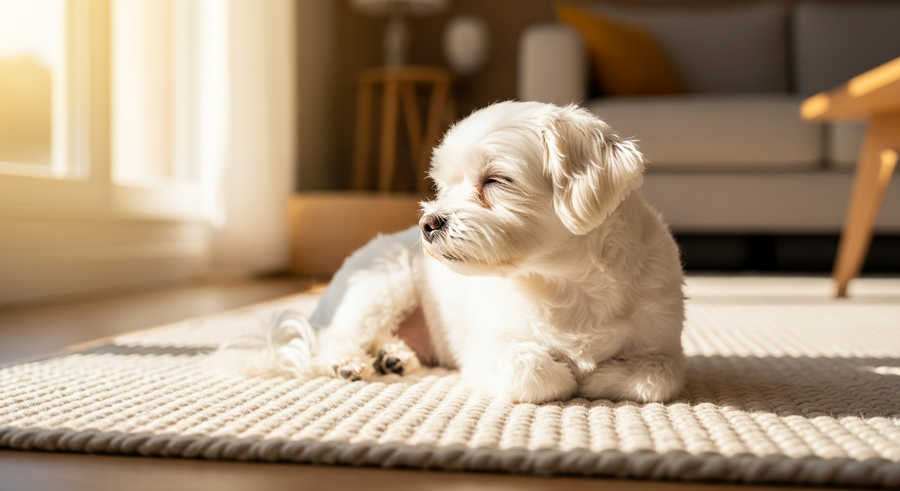 White Maltese dog resting calmly in a living room, showing healthy wellbeing supported by daily probiotics