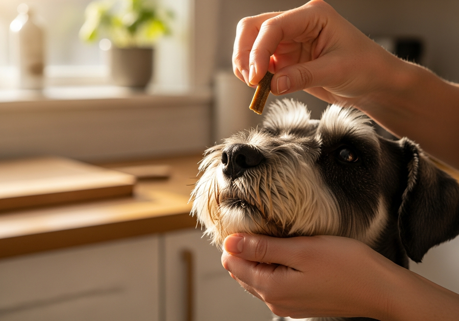 Owner offering a probiotic supplement chew to a Miniature Schnauzer, supporting daily gut health for the breed