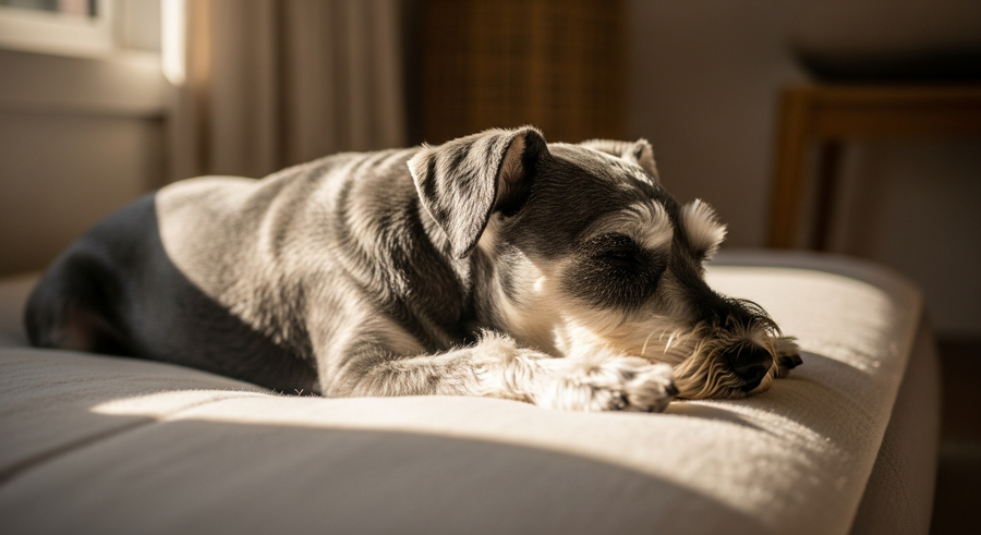 Miniature Schnauzer resting peacefully on a dog bed at home, calm and settled after daily supplement routine