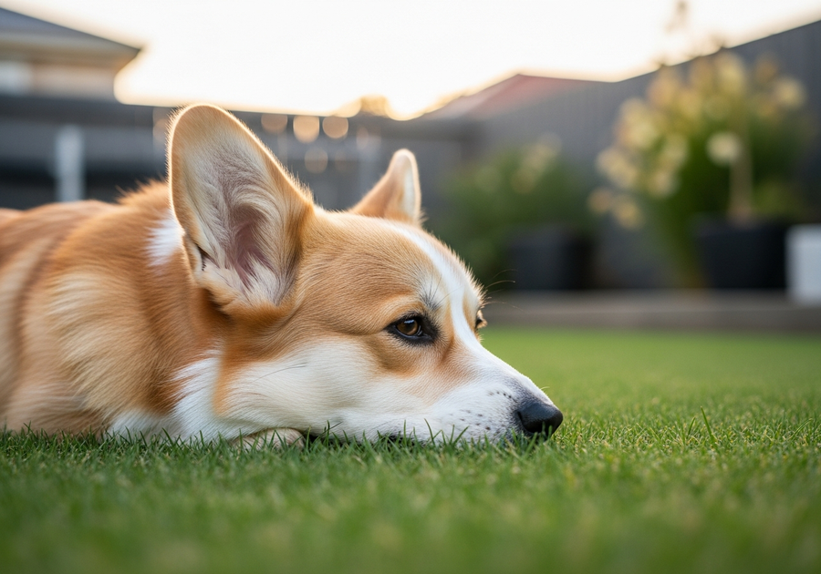 Pembroke Welsh Corgi resting on grass in an Australian backyard, illustrating healthy senior dog care