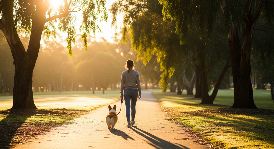 Pembroke Welsh Corgi on a walk with its owner in an Australian park, showing active healthy lifestyle