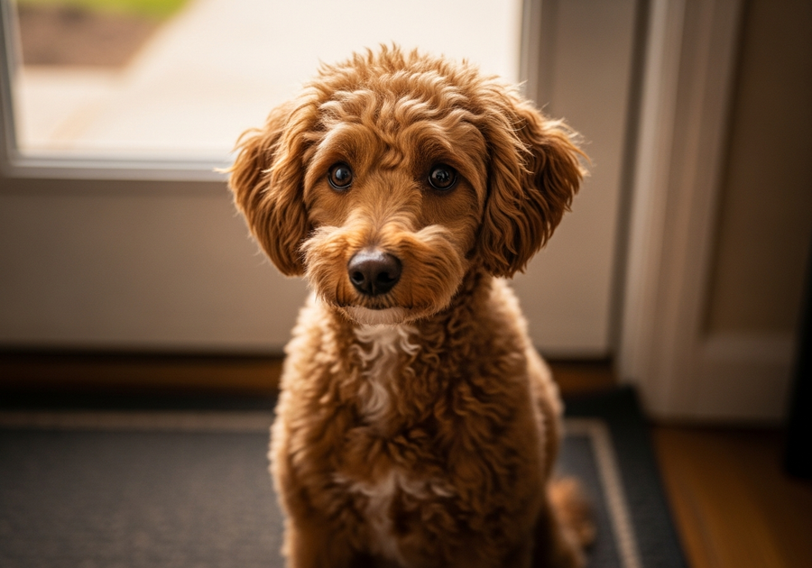Miniature Poodle waiting anxiously at the front door, a common sign of anxiety that calming supplements may help support