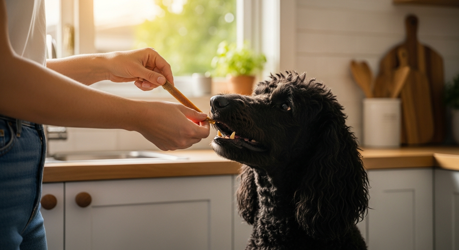 Owner offering a daily calming supplement chew to a black Standard Poodle in a bright Australian kitchen
