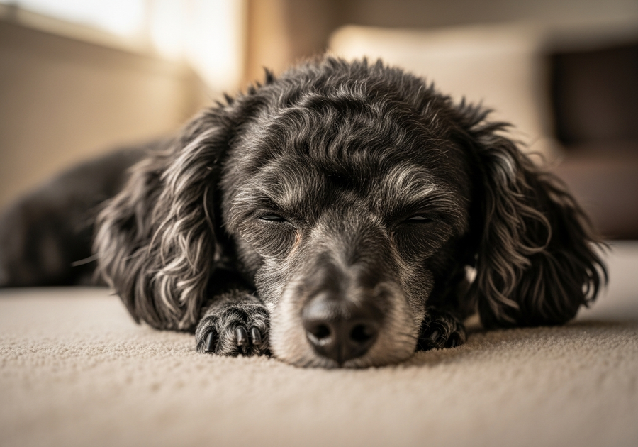 Senior black Miniature Poodle resting peacefully on a soft blanket showing the calm comfort of well-supported joints