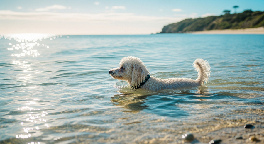 White Toy Poodle swimming gently in shallow water at an Australian beach showing low-impact exercise that protects joints