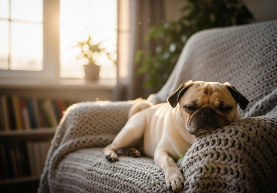 Pug resting peacefully on a soft blanket in a living room, calm relaxed mood showing benefits of daily calming supplements
