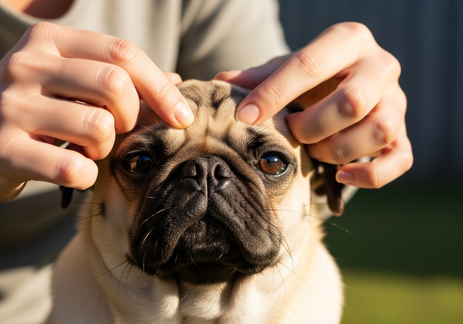 Owner checking a Pug's eyes outdoors, illustrating daily eye health monitoring for pug owners