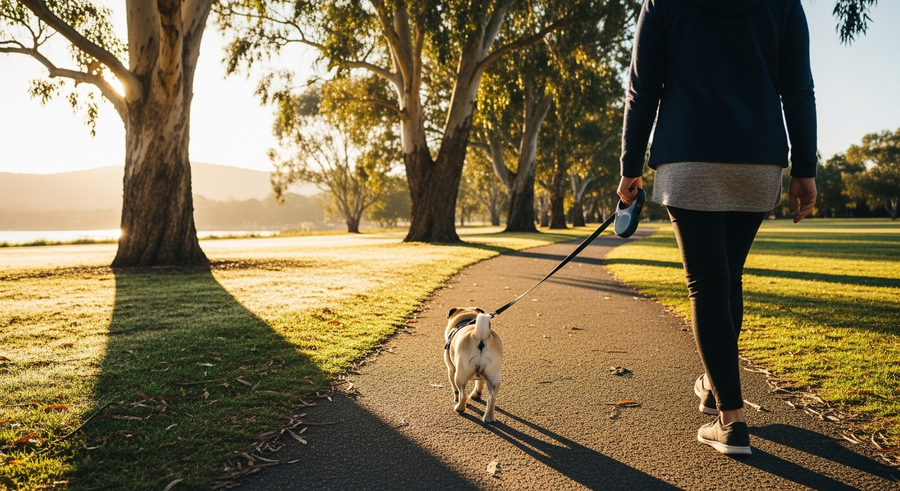 Pug wearing a harness on a morning walk in an Australian park, showing safe exercise for brachycephalic dogs