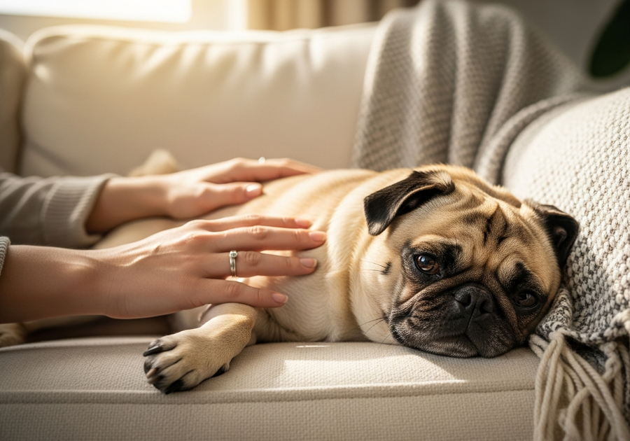Pug resting on a couch with owner hand gently on its back, illustrating daily probiotic care for Pugs
