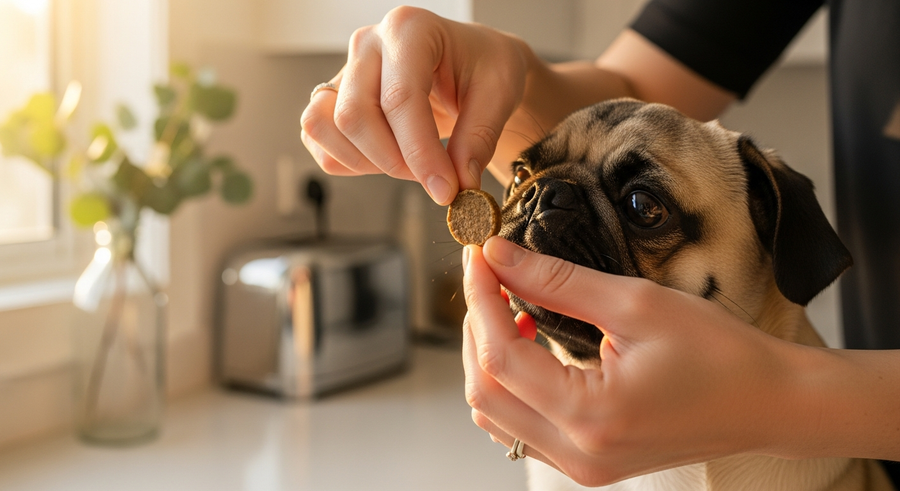 Owner offering a probiotic supplement chew to a Pug in a bright Australian kitchen, showing the daily supplement routine
