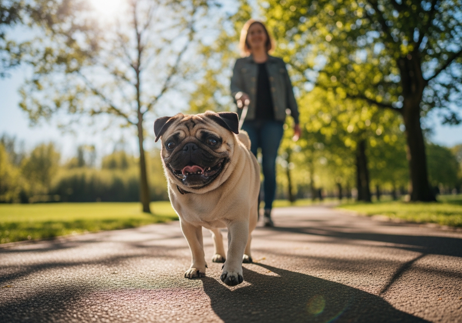 Pug trotting happily along a park path showing natural mobility and joint health