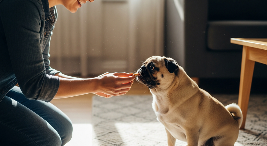 Owner offering a joint supplement chew to an eager pug at home, showing easy daily supplementation routine