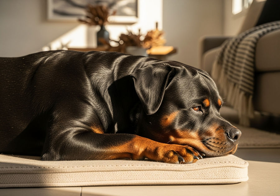 Rottweiler lying calmly on a mat indoors, illustrating a relaxed settled state with proper daily calming support