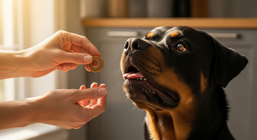 Owner offering a Rottweiler a supplement chew during morning routine, establishing a daily calming supplement habit