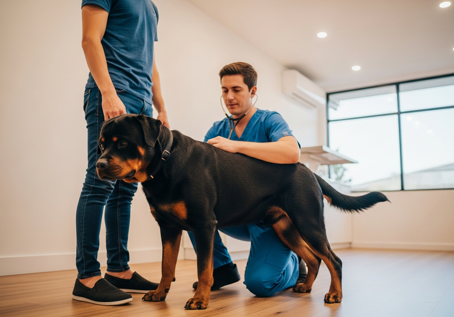 Rottweiler being examined by veterinarian in modern Australian vet clinic, owner standing beside dog during health check