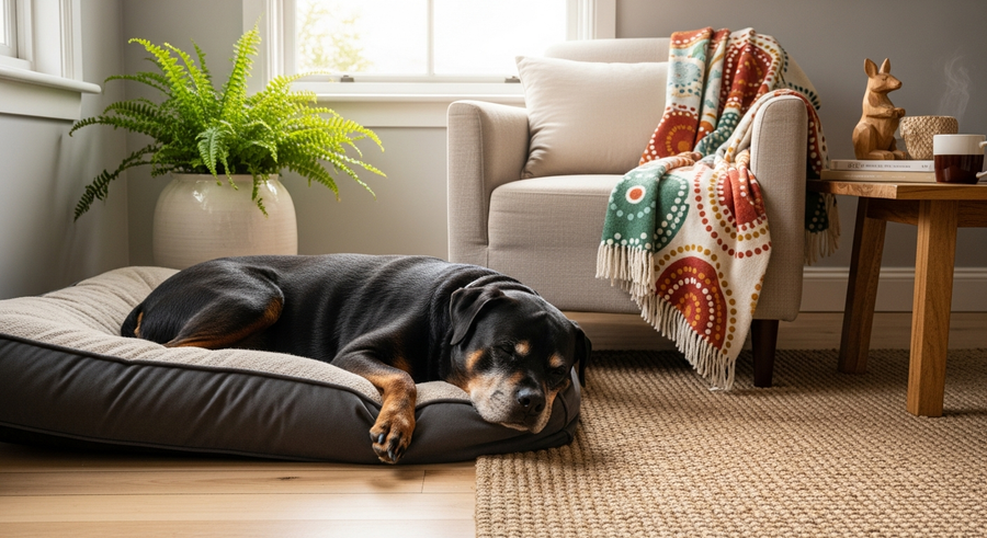 Senior Rottweiler resting peacefully on dog bed in warm living room, showing comfort in later years of life