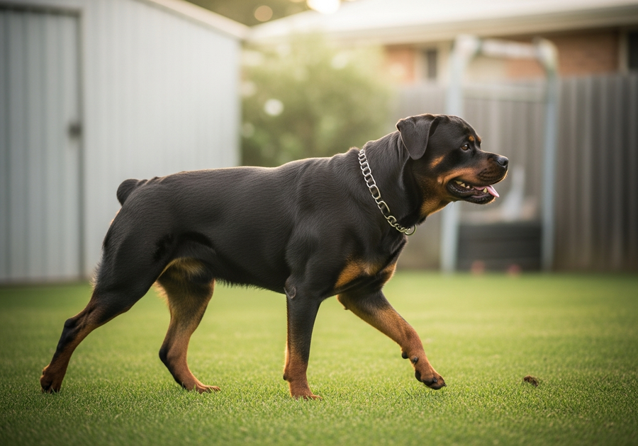Adult Rottweiler walking comfortably on a backyard lawn, showing the relaxed gait good joint support helps maintain