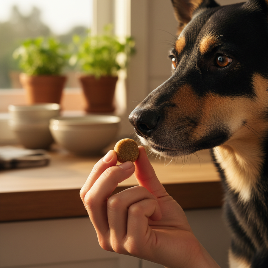 Close-up of owner hands offering a probiotic supplement chew to a dog, demonstrating Saccharomyces boulardii daily supplementation
