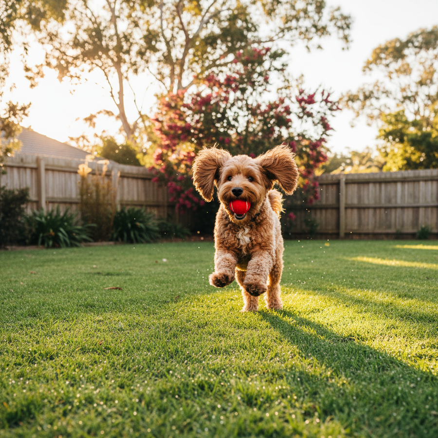 Healthy energetic cavoodle dog playing in sunny Australian backyard, showing vitality from good gut health and probiotic supplementation