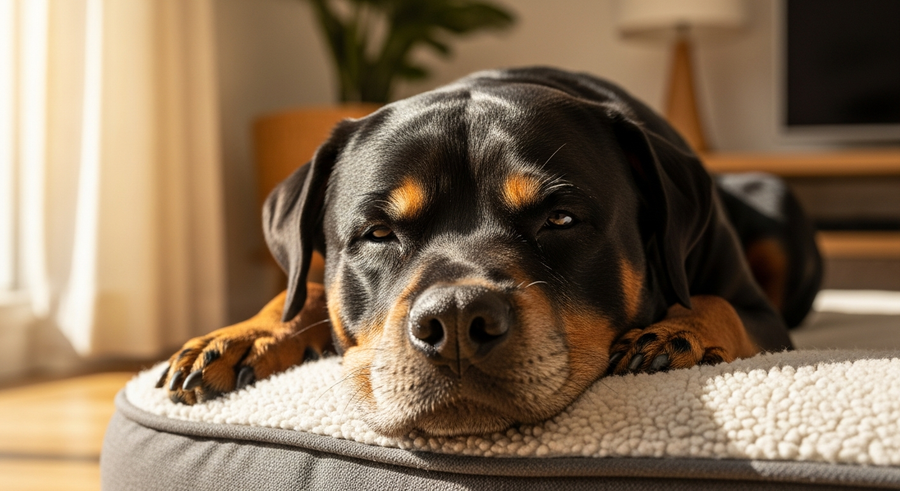 Senior Rottweiler resting comfortably indoors on a soft bed, illustrating the daily comfort consistent joint support helps maintain