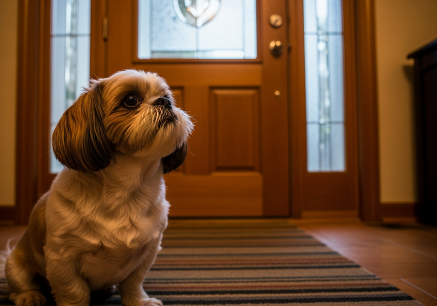 Shih Tzu sitting by a front door looking up expectantly, showing common signs of separation anxiety in the breed