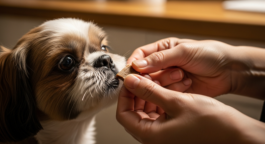 Owner offering a calming supplement chew to an eager Shih Tzu in a kitchen, showing daily supplement routine for anxious dogs