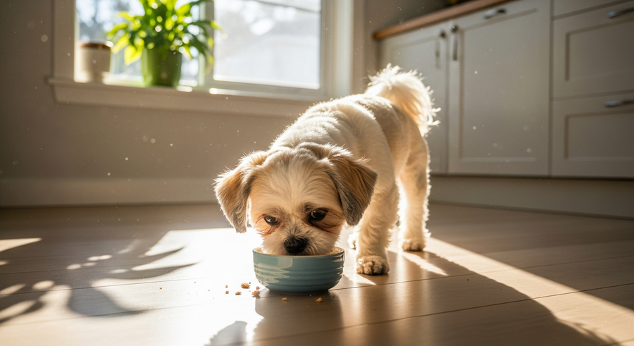 White Shih Tzu eating from a bowl in a sunny kitchen, showing calm daily feeding routine with supplements