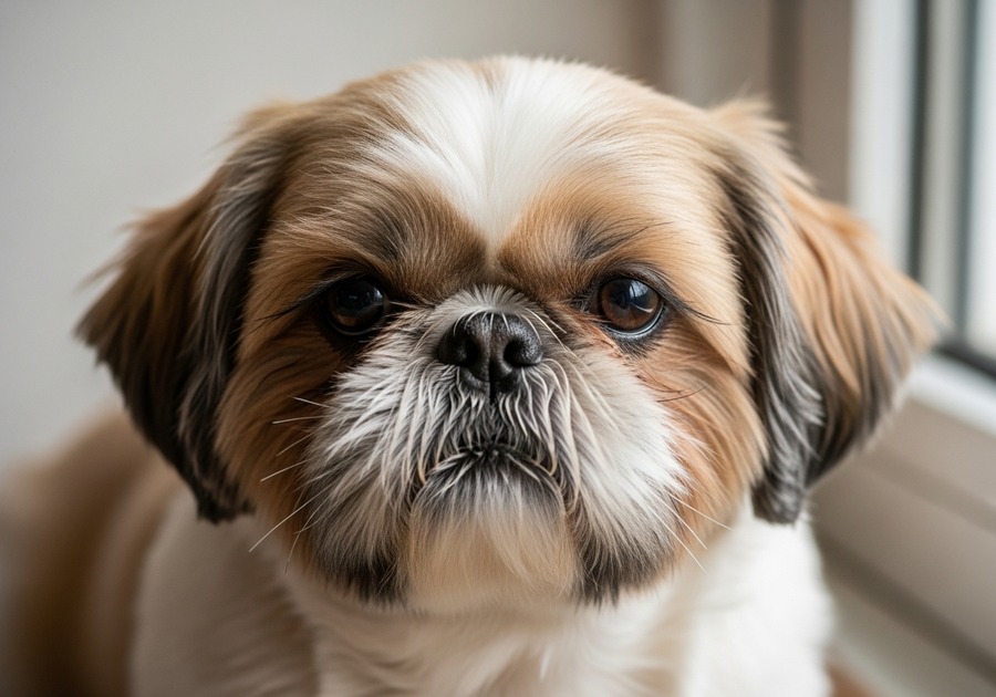 Close-up of Shih Tzu face showing characteristic flat brachycephalic features common in the breed