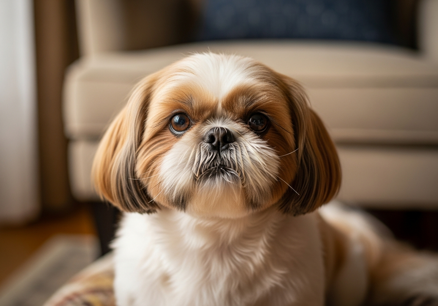 Close-up portrait of a Shih Tzu with long silky coat and bright eyes, illustrating typical characteristics of a healthy long-lived Shih Tzu