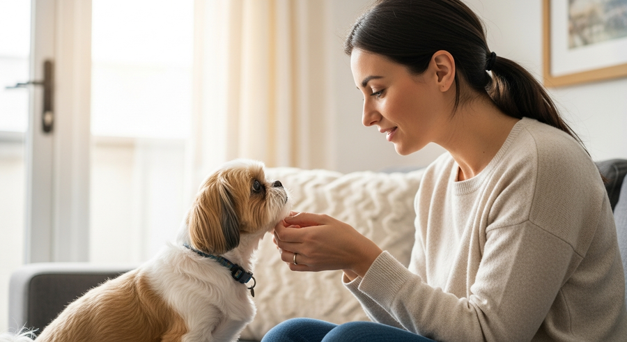 Australian woman checking on her Shih Tzu at home, an example of attentive daily health care for small dogs