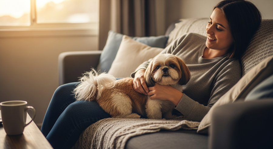 Owner and Shih Tzu sitting together on a couch in a cozy home, showing the long companionship bond that comes with proper care and a healthy Shih Tzu lifespan