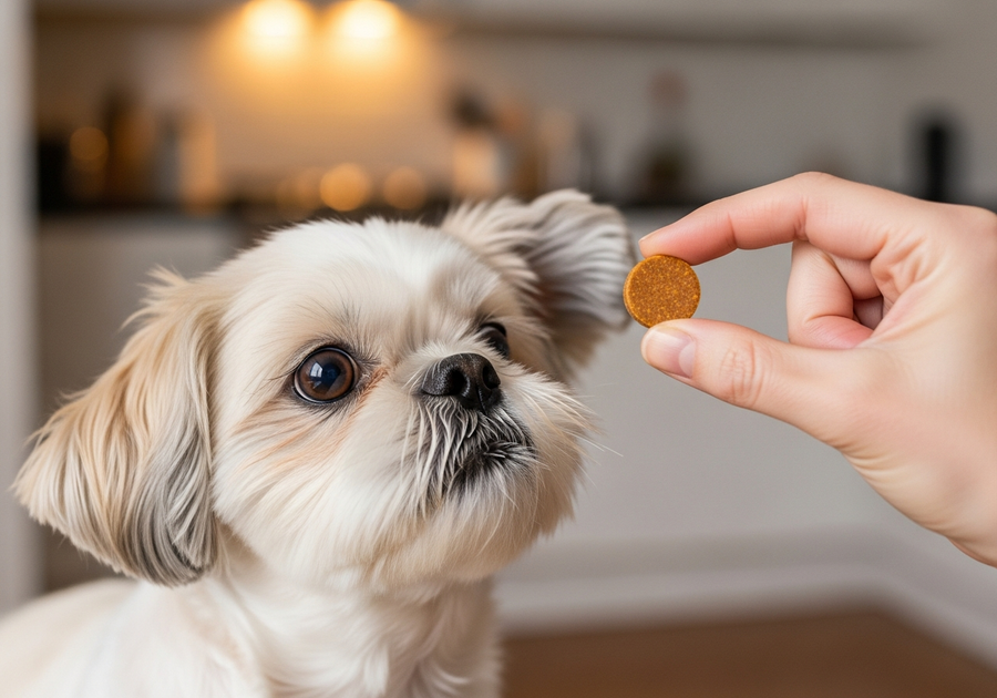 Shih Tzu looking up expectantly at owner offering a supplement chew, illustrating daily probiotic supplementation for gut health