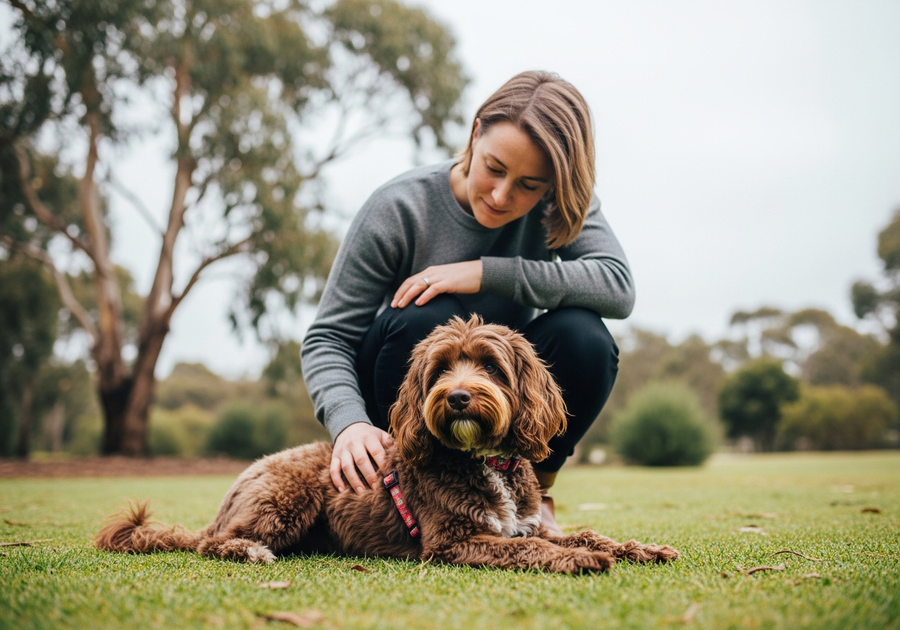 Owner crouching beside a Spoodle dog in an Australian park, checking on their dog as part of a calming care routine