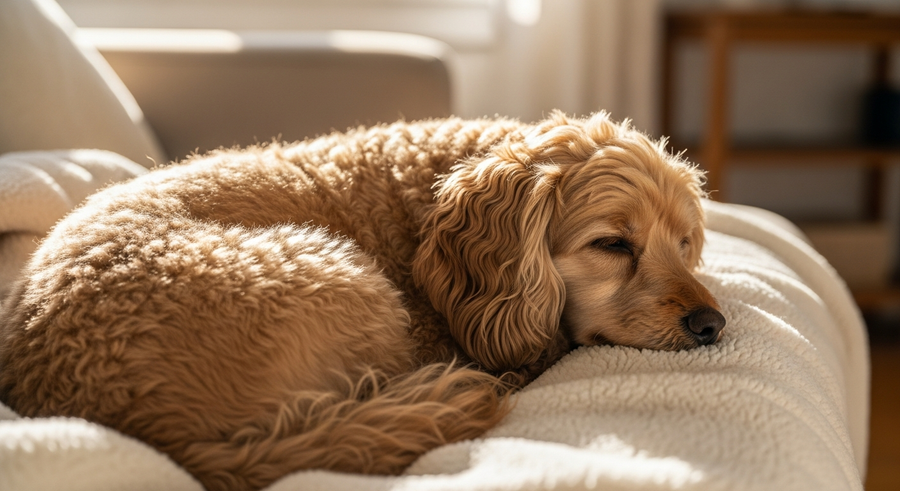 Spoodle resting calmly on a blanket in a bright living room, showing settled behaviour after daily supplement routine