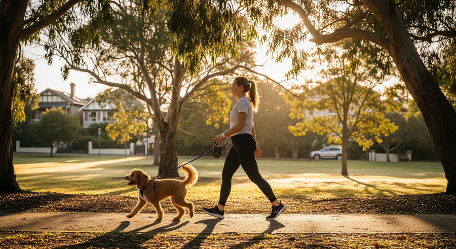Australian woman walking her Spoodle on a leafy suburban path, illustrating active daily care for Spoodle health