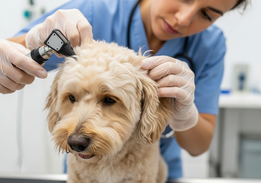 Veterinarian examining the ear of a Spoodle dog in an Australian vet clinic, illustrating routine ear health check