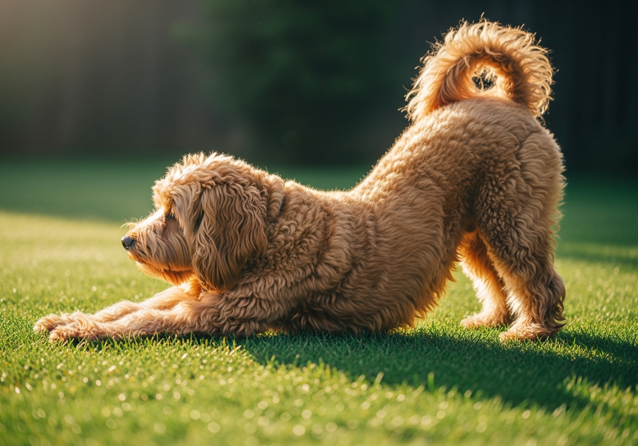 Spoodle dog stretching in a sunny Australian backyard, showing natural joint flexibility and movement