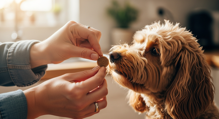 Owner offering a joint supplement chew to a Spoodle dog, warm kitchen lighting, close-up