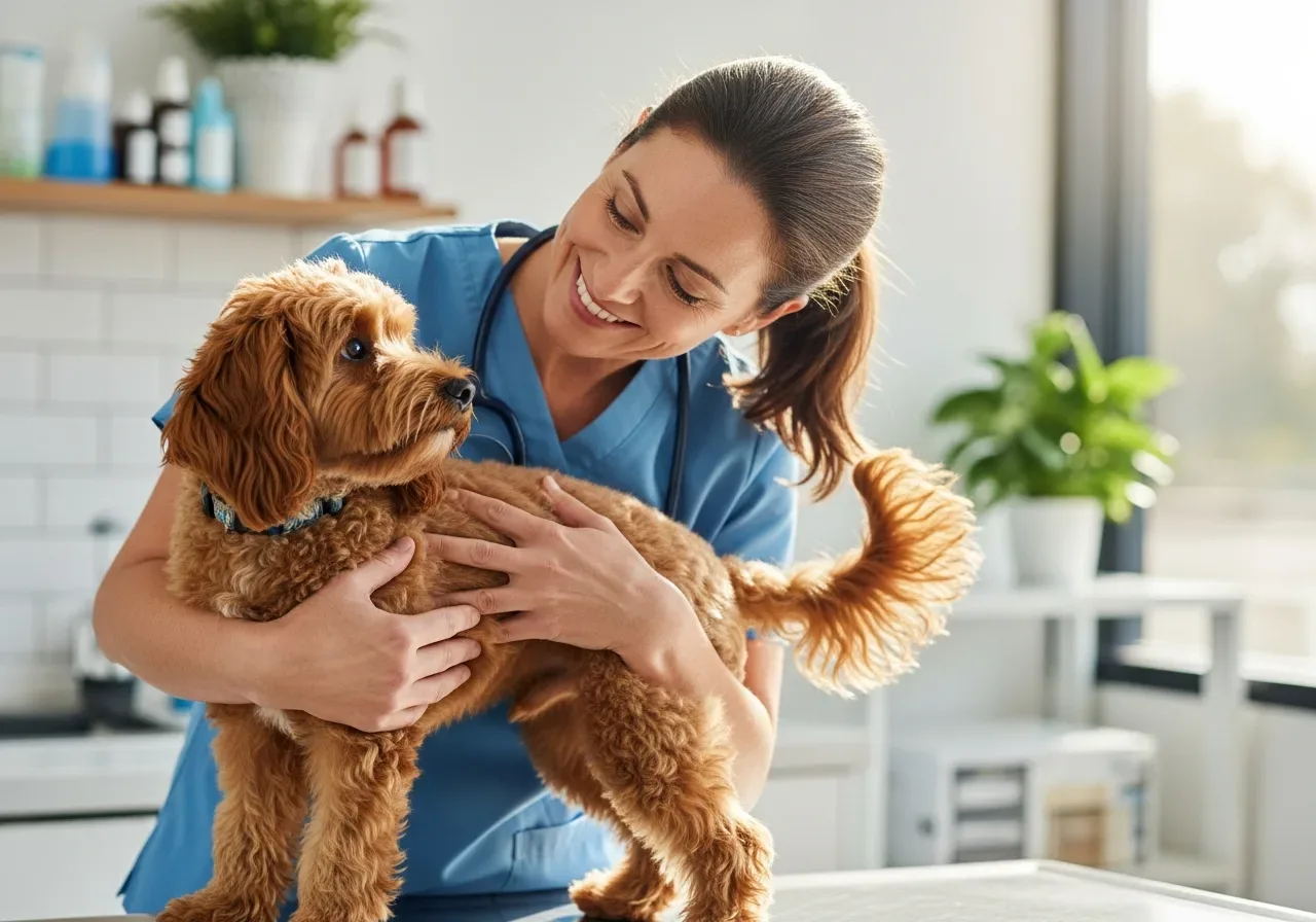 Spoodle dog being examined by a veterinarian in an Australian clinic, representing preventive health care for longer lifespan