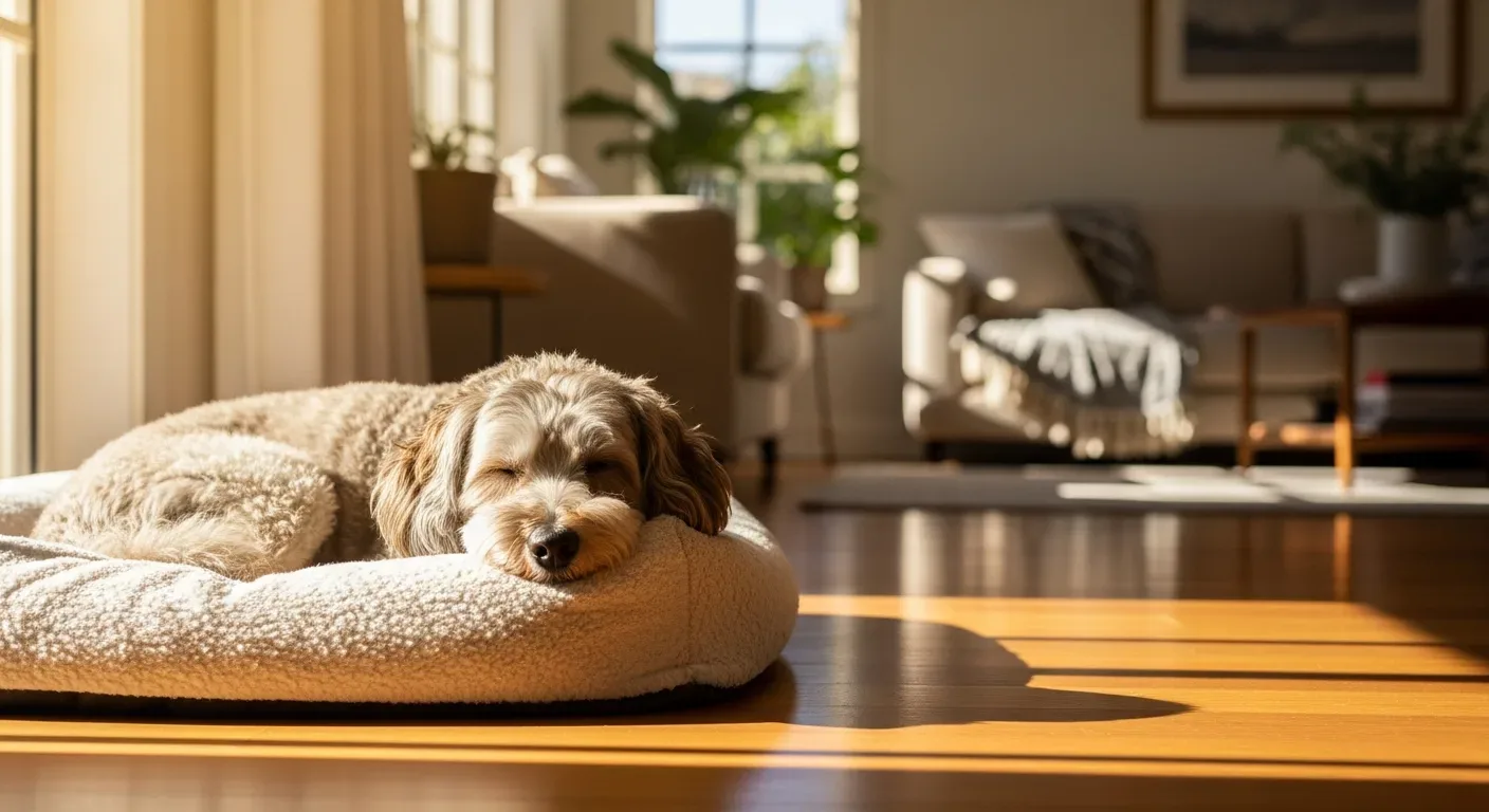 Happy senior Spoodle dog sitting in a sunny Australian garden, showing a well-cared-for older dog