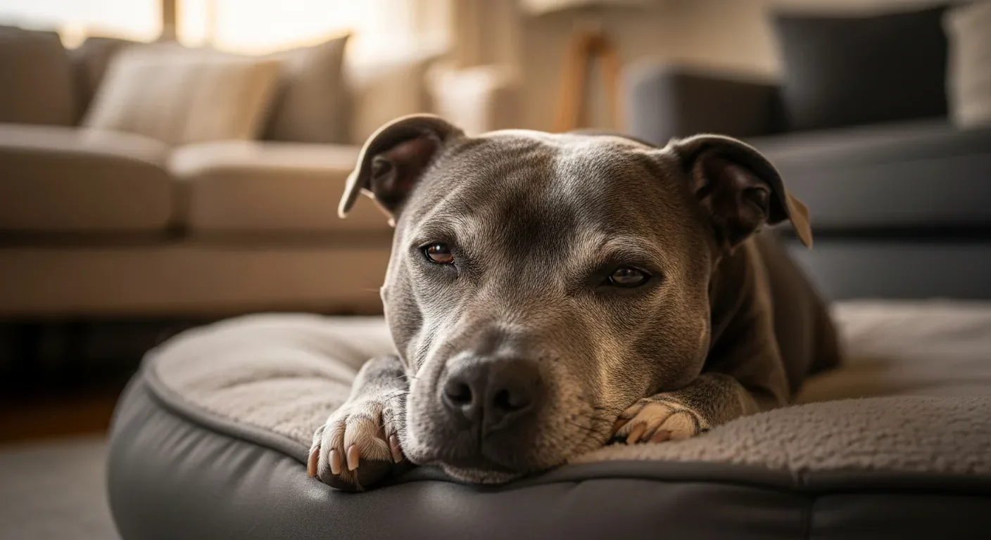 Senior Staffordshire Bull Terrier resting peacefully on dog bed, healthy ageing, grey muzzle