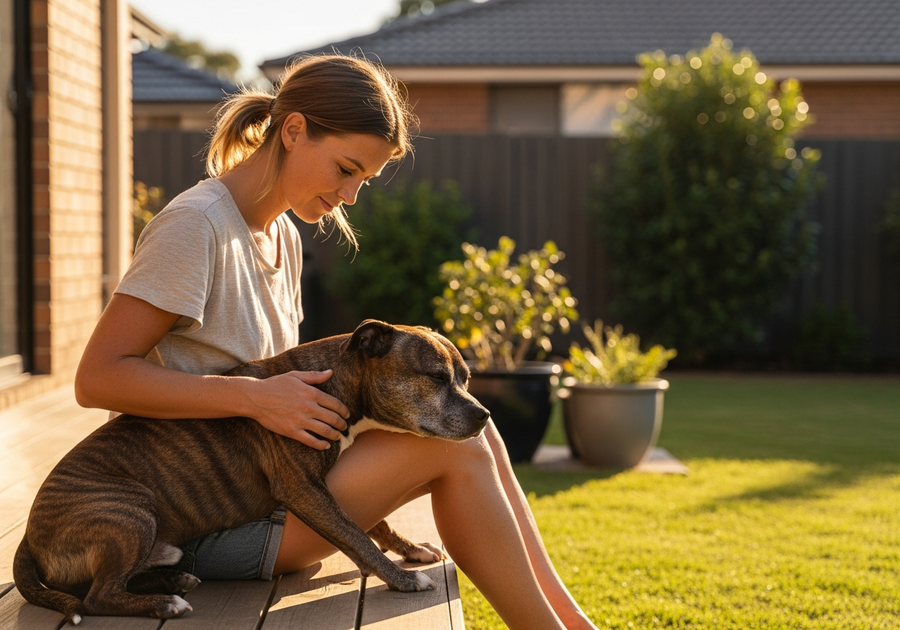 Australian owner sitting calmly with her Staffordshire Bull Terrier in a backyard, showing the bond and trust that daily wellness routines can build