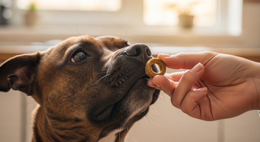 Owner offering a calming supplement chew to a Staffordshire Bull Terrier, showing how easy it is to build a daily supplement routine
