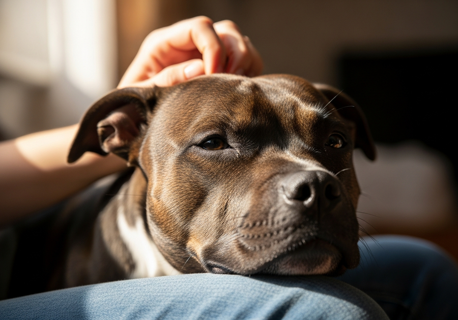 Staffordshire Bull Terrier resting contentedly with owner, showing the trusting bond that makes daily gut health routines easy to maintain