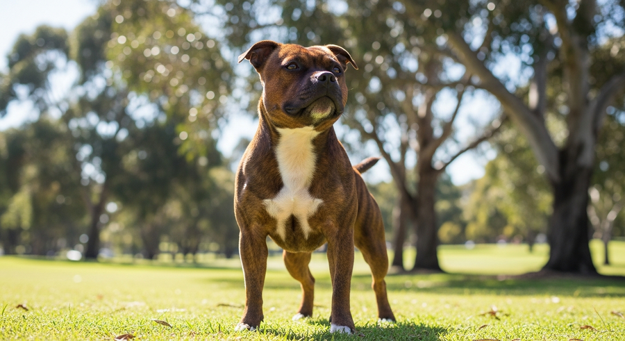 Staffordshire Bull Terrier standing alert in an Australian park, demonstrating the active nature that makes daily probiotic support worthwhile