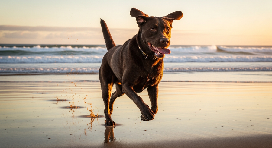 Healthy chocolate labrador running on an Australian beach at golden hour, showing energy and vitality associated with good gut health support
