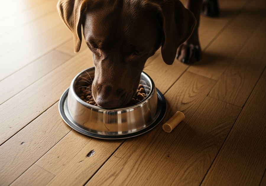 Chocolate labrador eating from a bowl with a supplement chew beside it on a wooden kitchen floor, illustrating daily probiotic supplementation for dogs